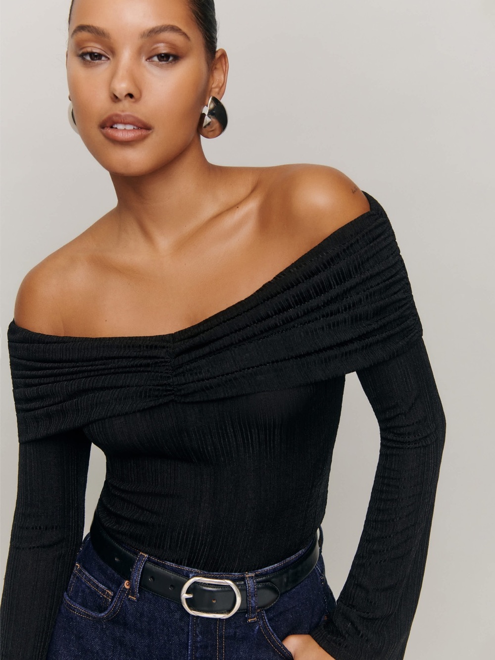 Reformation Amabel Black Off-the-Shoulder Ribbed Top ❤️IN STORES❤️
